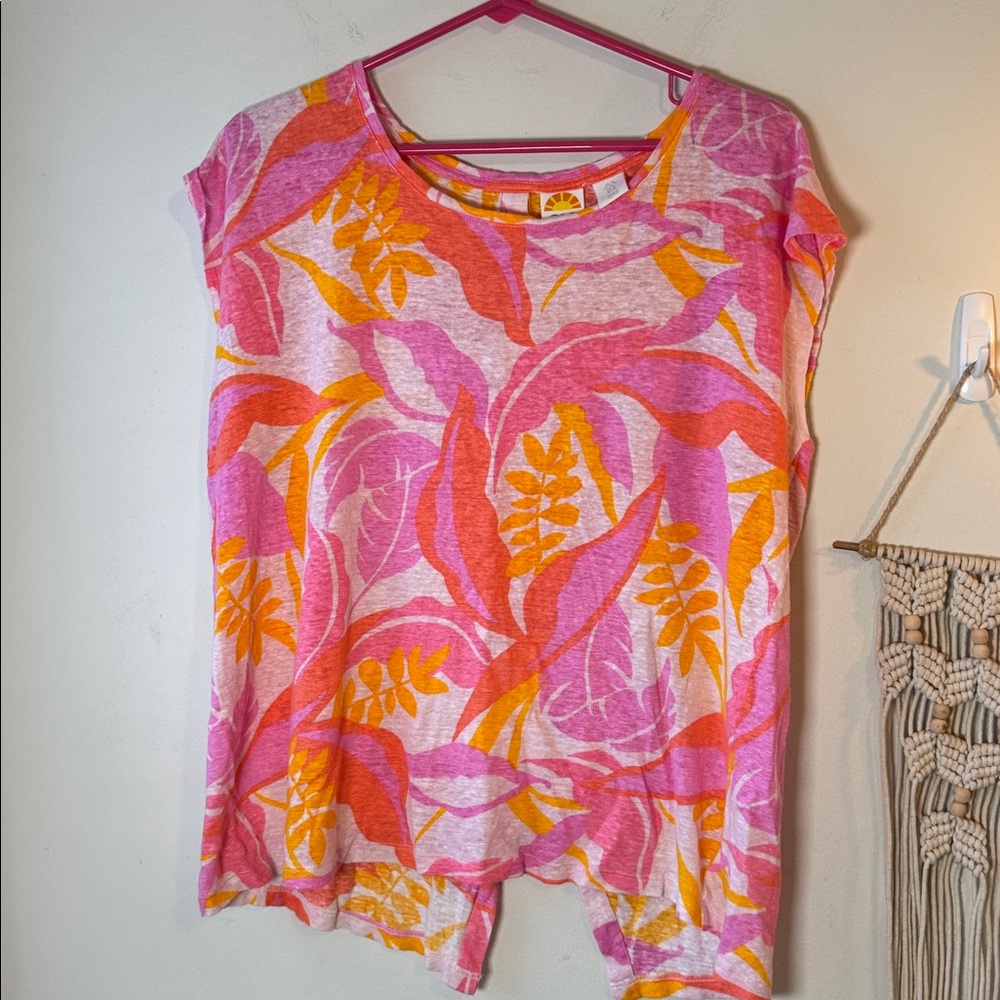EUC C&C California 100% Linen Pink Tropical Wide Sleeve Cap Tank Top XL - Picture 5 of 5